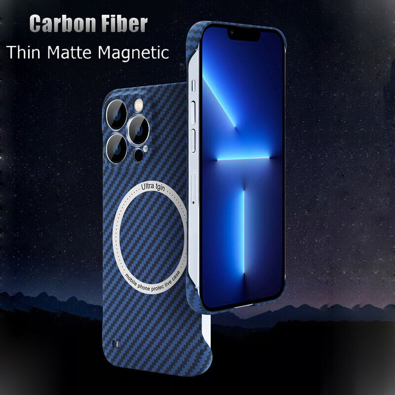 Ultra-thin Carbon Fiber Magnetic MagSafe Cover Case For iPhone 15/14 Pro Max Blue
